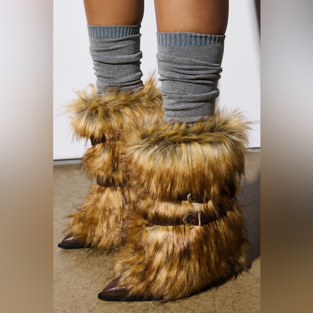 Azalea Wang - Brown/Tan Faux Fur Ankle Stiletto Booties - 8.5